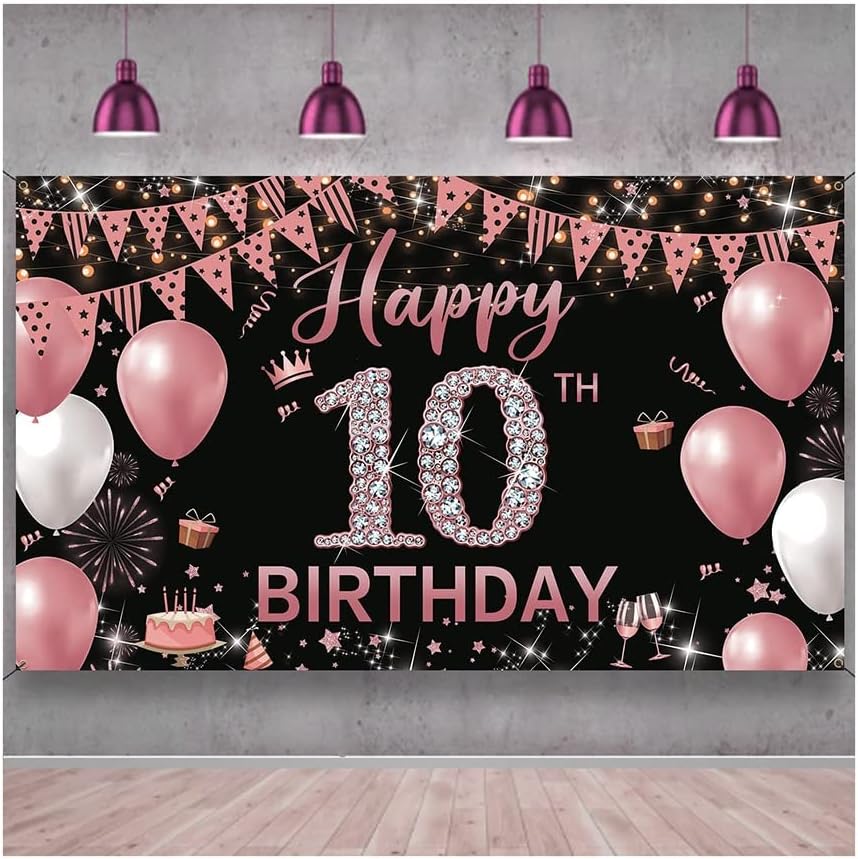 Custom Happy 10th Birthday Backdrop Party Banner 10 bday Pink Rose Gold Glitter Balloon Diamond