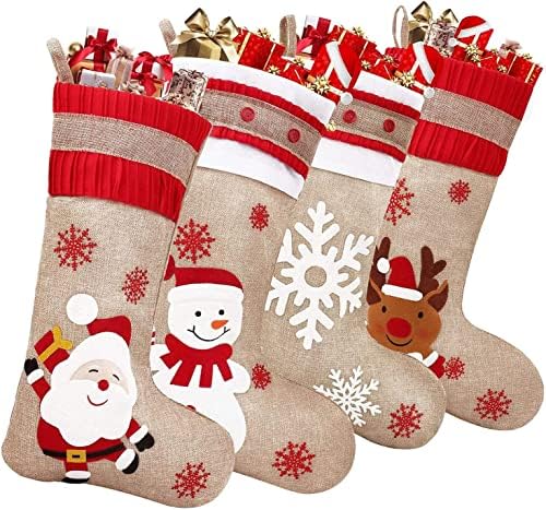 MBeta Božićne čarape 4 Pakovanje - 18 '' Slatki božićni dekor Burlap plairani privremeni privremeni za