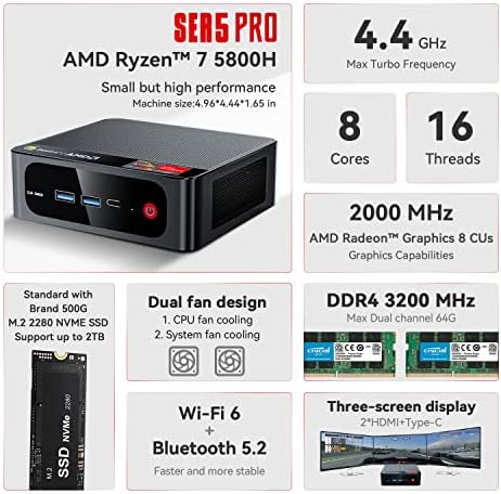 Beelink Mini PC, AMD Ryzen 7 5800h, 16GB DDR4 500GB M. 2 NVME SSD Vega 8 grafika, SER5 Mini Desktop računar 4K@60Hz Trostruki ekran Dual HDMI+Type-C/WiFi 6 / BT5.2/USB3.2 / Gaming