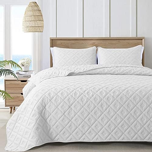 Hiaruo Queen prekrivač posteljina, mekana topla za prekrivač geometrijske prekrivače sa 2 jastuka za cijelu sezonu, bijela
