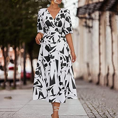 Žene Casual V-Izrez Puff Sleeve Wrap Dress Geometrijski Print Elastični Struk A-Line Midi Flowy Haljine Ljetna