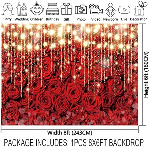 96x72inch pozadina za Dan zaljubljenih Crvena ruža svjetlucava resica s resicama romantična cvjetna zidna fotografija