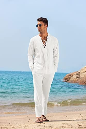 COOFANDY muški 2-dijelni laneni Set dugih rukava Henley Shirts Ležerne hlače na plaži s džepovima