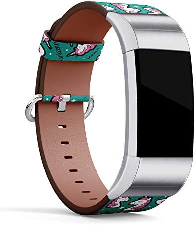 S-Type kožna narukvica sat traka traka zamjena narukvica kompatibilan sa Fitbit Charge 2-Unicorn crtanje beskrajne ponavljajuće teksture na tirkiznoj