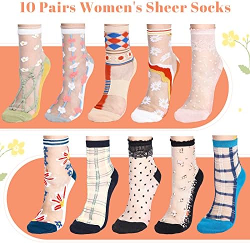10 Pari Ženskih Prozirnih Čarapa Ljetne Prozirne Tanke Mreže Žakard Kristalno Staklo Čipkaste Cvjetne Čarape