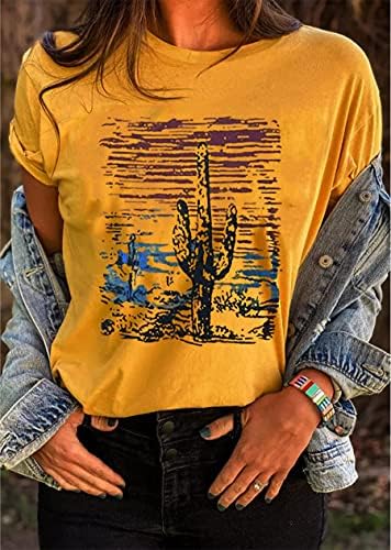 Žene Western Desert Cactus T-Shirt Vintage Retro Sunset Cactus Grafički Shirt Cowgirl Casual Bluza