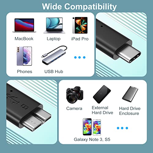 Micro B do USB C kabela, vanjski kabel tvrdog diska USB 3.1 Gen1 5Gbps Prenos podataka Zamjenski kabl Kompatibilan sa Seagate, Toshiba, WD, Lacie Portable HDD- 3FT, 2pack