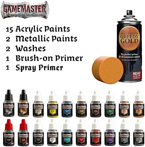Army Painter-Gamemaster character paint Set + precizni detalji Hobby Brush + Gold spray Paint Spray Primer, uključuje 20 Warpaint 19x12 ml, 12 ml brush-on Primer, 5 28mm Miniaturesti