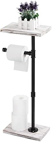 Držač za toaletni papir, samostojeći držač za papir sa drvenim policom i industrijskim cijevima od kovanog željeza površine Podni nosač papira za kupaonicu Rustikalna bijela