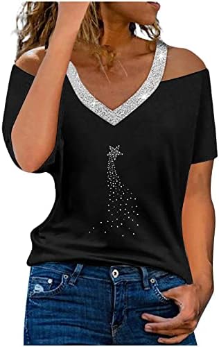 Bluza kratkih rukava Djevojke 2023 Hladno rame Pamuk V izrez Graphic Star Heart Rhinestone Top Thirt za žene