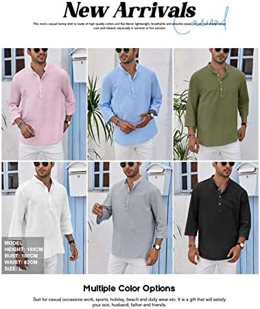 Ryannology Muške Platnene Košulje Henley 3/4 Rukav Casual Cotton T-Shirt Regular-Fit Lagana Plaža Yoga