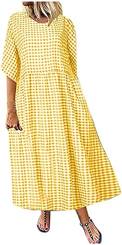 ZEFOTIM Ležerne haljine za žene 2023 polu-Dugi rukav karirani struk sa V izrezom Maxi Vintage modna Kaftan haljina