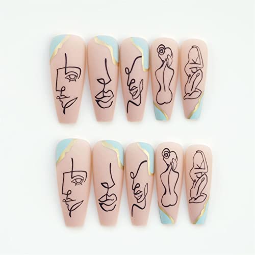 Kvadratni dugi lažni nokat puni poklopac sa ljepilom odvojivi apstraktne žene pritisnu na nokte 24 komada Finger Nail art Savjeti za salone za nokte i žene DIY Nail Art