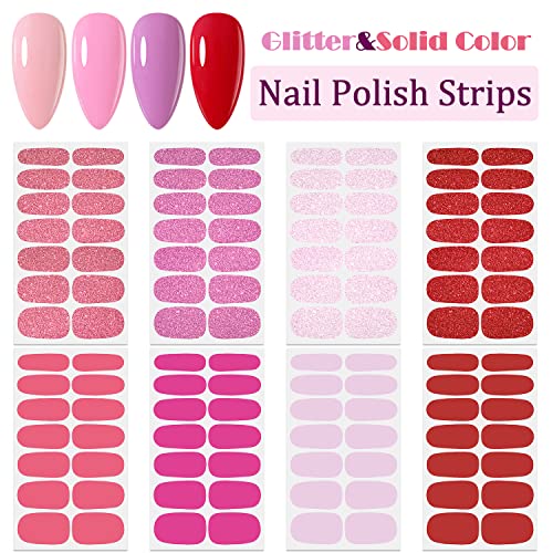 SILPECWEE 8 listova Pink Red nail Wraps za žene svjetlucave jednobojne trake laka za nokte samoljepljive