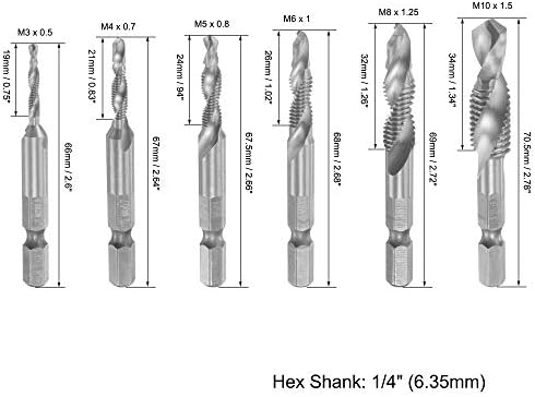 Uxcell kombinovana bušilica i set bita za slavinu M3 M4 M5 M6 M8 M10 sa 1/4 Hex Shank bez premaza brzi