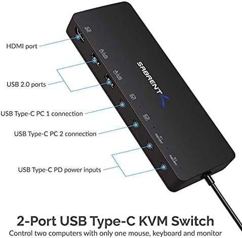 SABRENT 2-Port USB Type-C KVM prekidač sa 60 W opcijom isporuke snage + USB Type-C eksterni Stereo zvučni