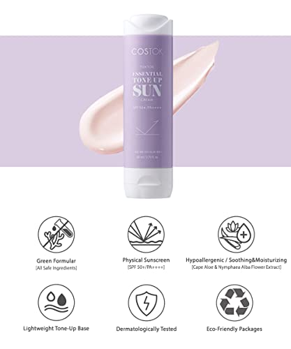 COSTOK TokTok Essential Tone-Up krema za sunčanje SPF 50+ / PA+++ + 50ml, uva & amp; UVB zaštita hipoalergeno umirujuće posvjetljivanje čak i ton kože baza šminke Mineralna krema za sunčanje za sunčanje za osjetljivu kožu