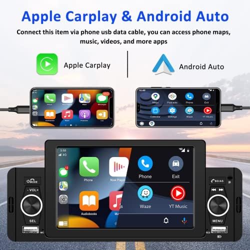 Slanji din zaslon za automatsko dodir sa Apple Carplay Android Auto: 5 inčni automobil sa Bluetooth ručno-from FM USB ogledala za Android / iOS, sigurnosna kopija + mikrofon