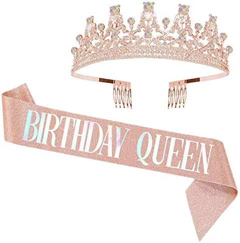 WTOGETAO Birthday Crown, Rose Gold Birthday Girl Sash & Rhinestone Tiara Set za djevojčice Tiaras sa češljem