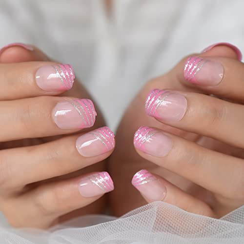 iBeautying Press on Nails-Press On Nails-Bling srebrne svjetlucave linije Pink francuski lažni