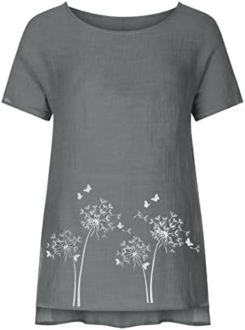 Dame kratki rukav pamučni posteljini vrat izrez za čamac grafički print cvijet ručak Top majica za majicu
