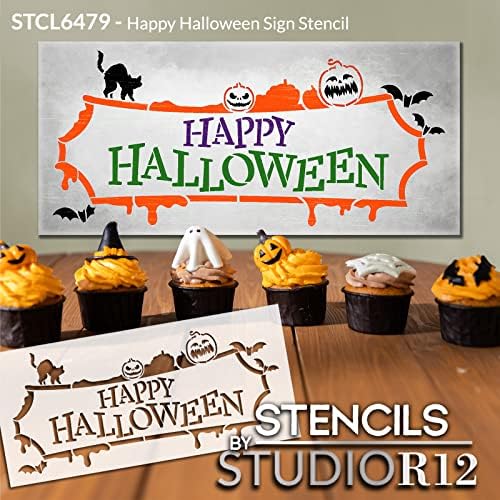 Happy Halloween Word Art Stencil by StudioR12 / Jack-O-Lantern Flying Bats Black Cat / Craft DIY