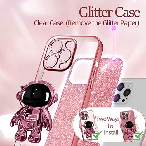 Buleens za iPhone 12 Pro Max Case Astronaut, jasni slučajevi za iPhone 12 pro max sa sjajnim papirom i štandom od Spacemana, ženske djevojke slatka elektroplata za 12 promax ružičasta