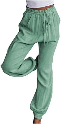 Ženske pamučne posteljine za hlače za crtanje elastičnih struka bočni džepovi visokog ležernih kafe casual