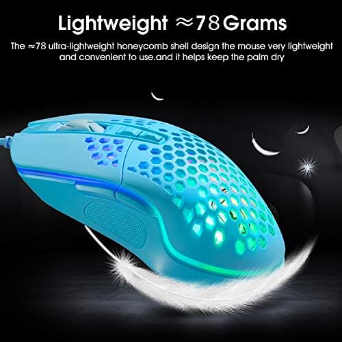 Lagani igrački miš, RGB hroma LED lampica ožičeni USB miš sa laganom školjkom saća, 6400 DPI podesiva,
