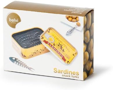 Balvi-sardine Set od 6 viljuški za grickalice u obliku riblje kosti i predstavljen u limenci sardina